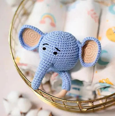 Elephant Face Amigurumi Rattle With Wooden Handle