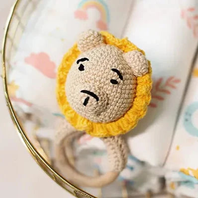Lion Face Soft Amigurumi Rattle With Circular Wooden Handle