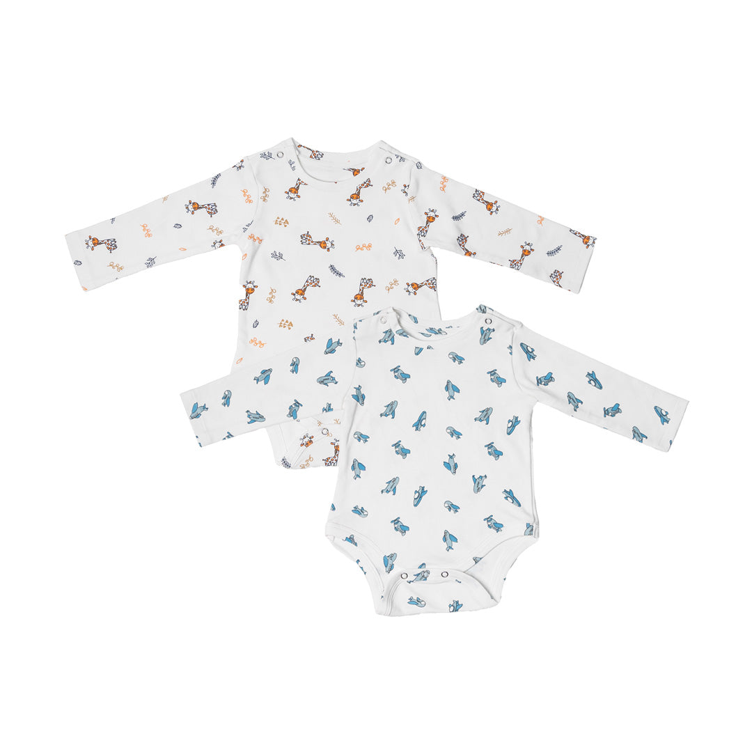Combination of 2 - Onesies all over Giraffe print and all over Aeroplane print