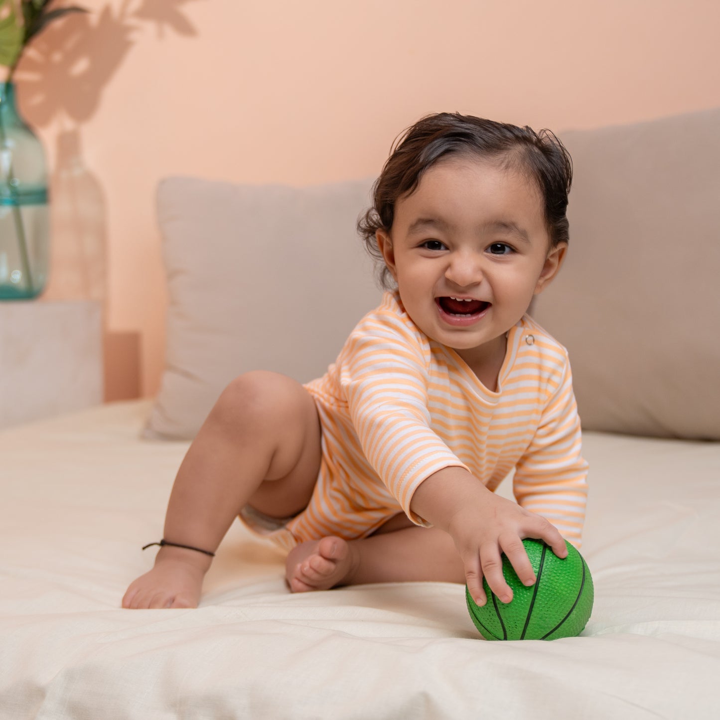 Premium cotton full sleeve Onesie / Bodysuit for boys / girls - Peach stripes