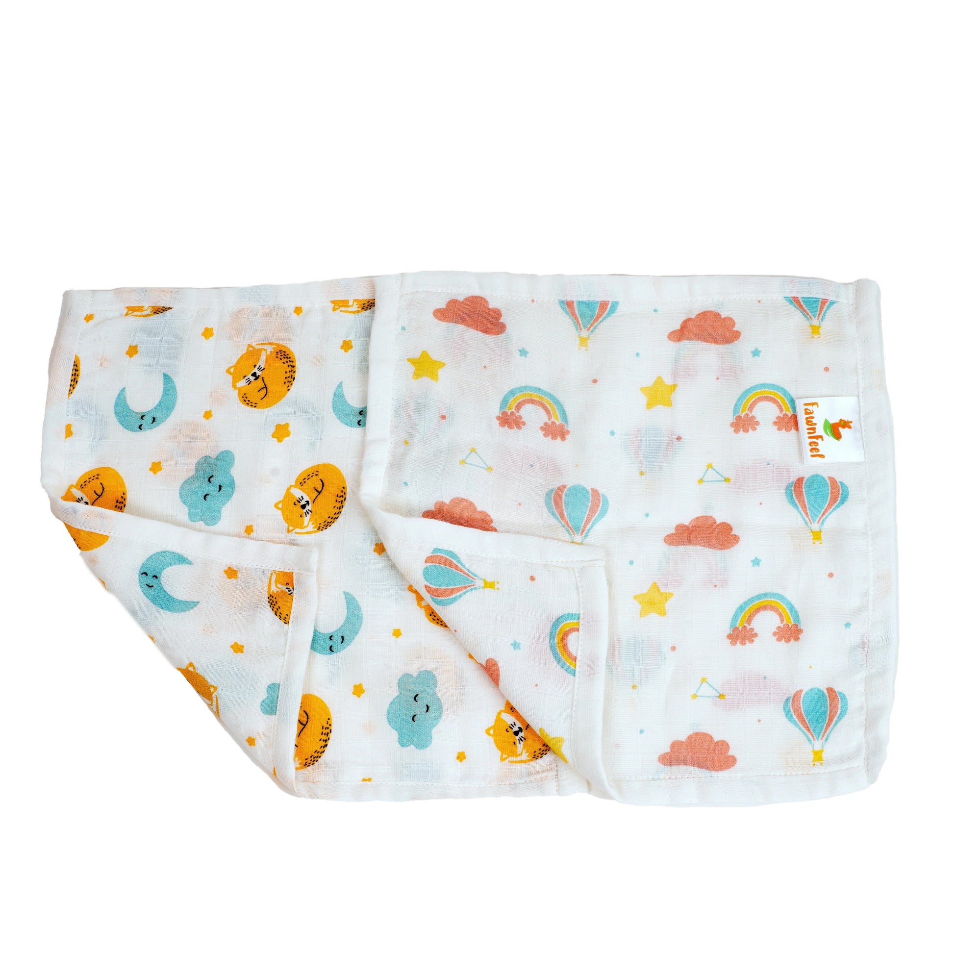 Combination Of 2 Cat And Moon Print And 2 Rainbow Print Square Wash Cloths (Pack of 4)