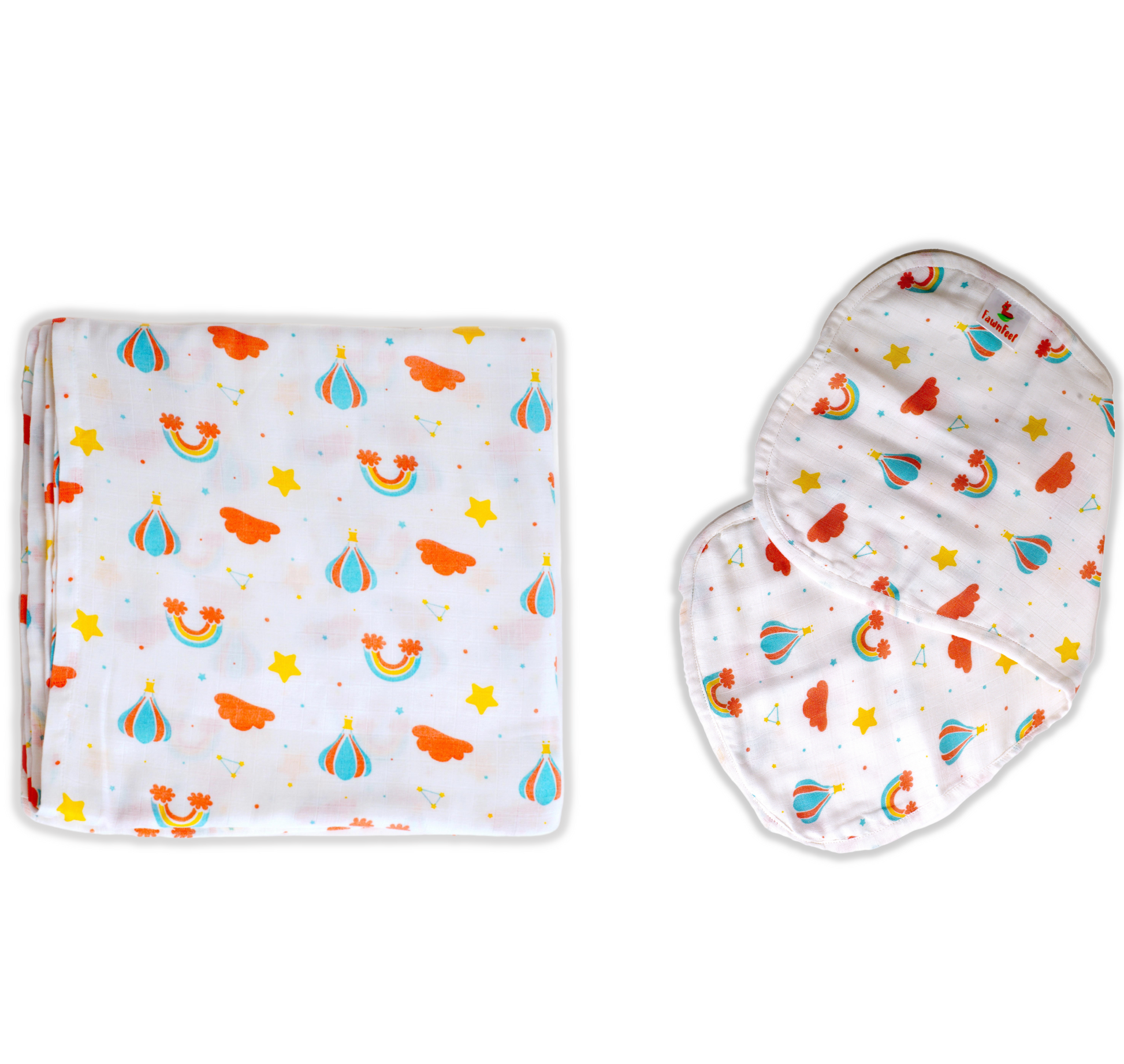 Combination of Rainbow Print Bamboo Swaddle And Curved Burp Cloth