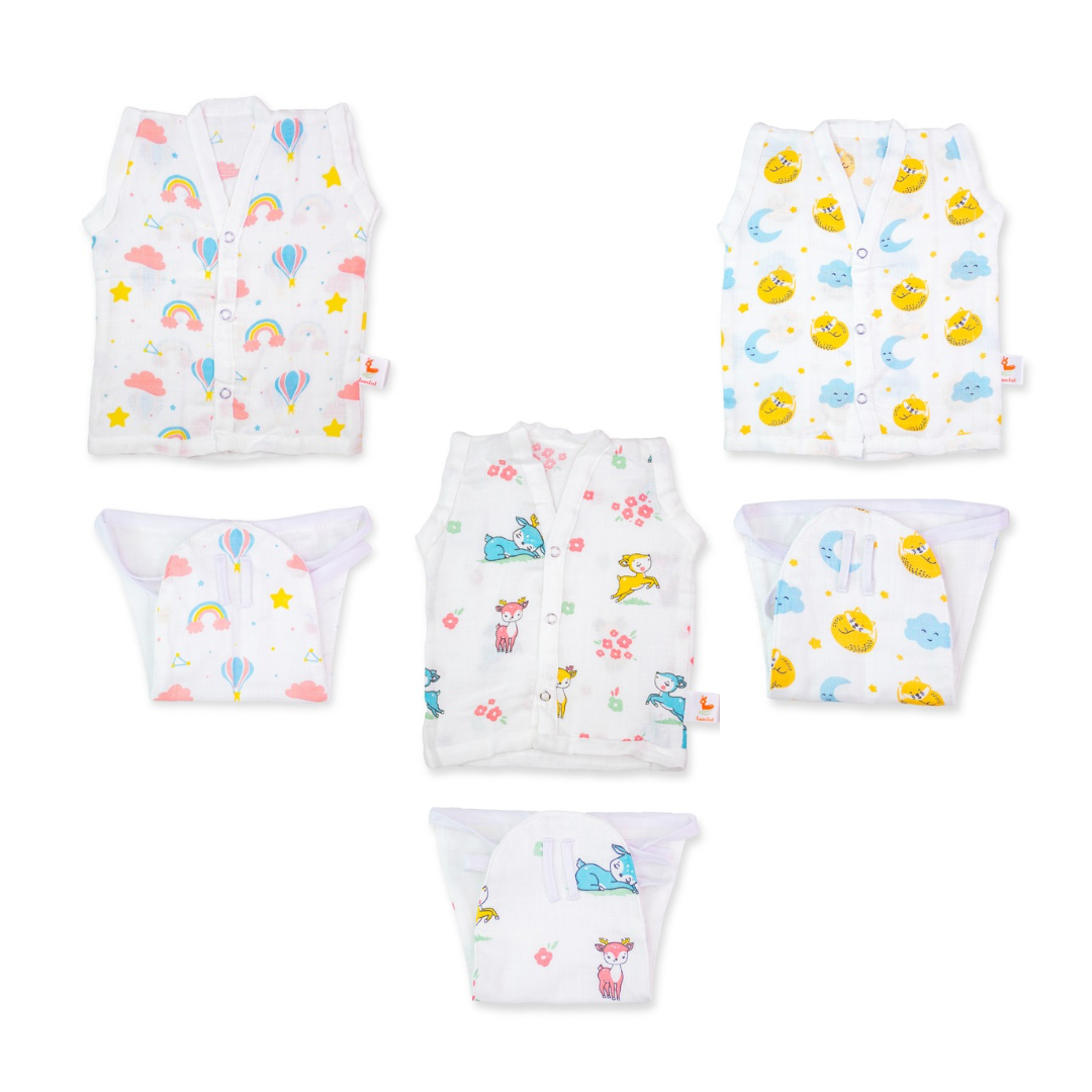 Set of Cat & Moon Print, Rainbow Print & Fawn Print Jhabla & Nappy (Set of 3)