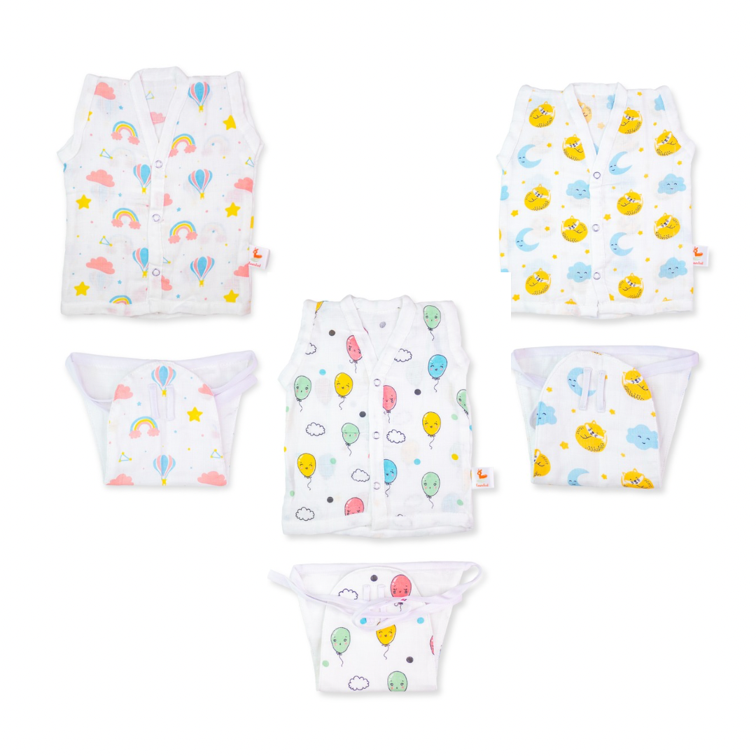 Set of Cat & Moon Print, Rainbow Print & Balloon Print Jhabla & Nappy (Set of 3)