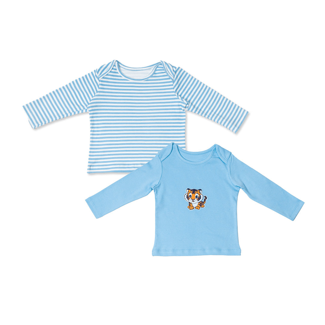 Combination of 2 - T-shirts Blue stripes and Blue solids with Tiger print