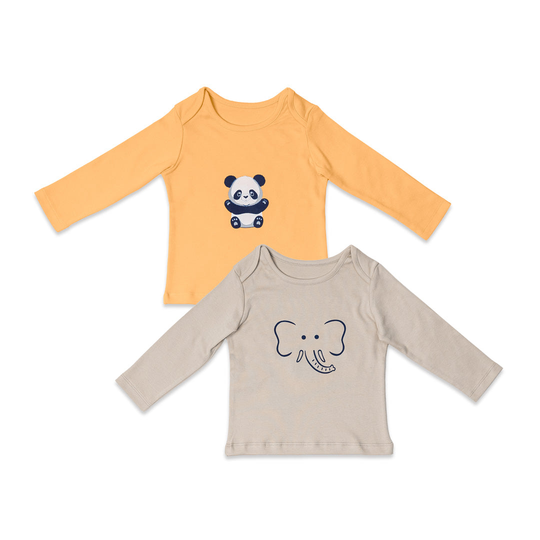 Combination of 2 - T-shirts Peach solids with Panda print and Grey solids with Elephant print