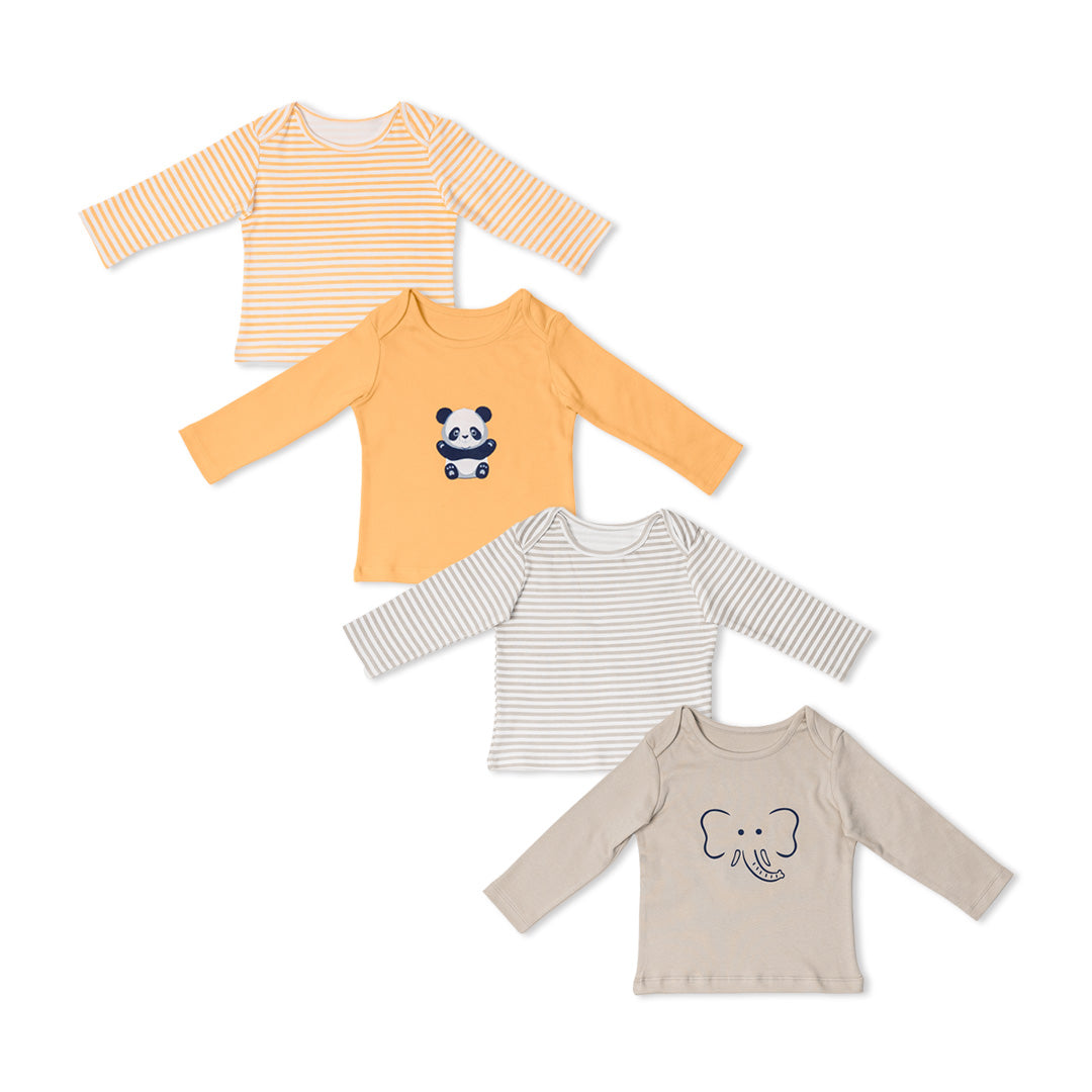 Combination of 4 - T-shirts Peach stripes, Peach solids with Panda print, Grey stripes, Grey solids with Elephant print