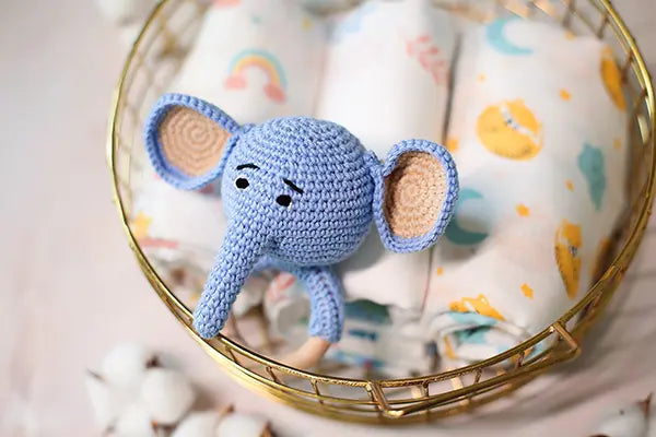 Elephant Face Amigurumi Rattle With Wooden Handle