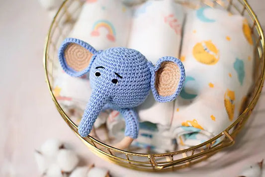 Elephant Face Amigurumi Rattle With Wooden Handle