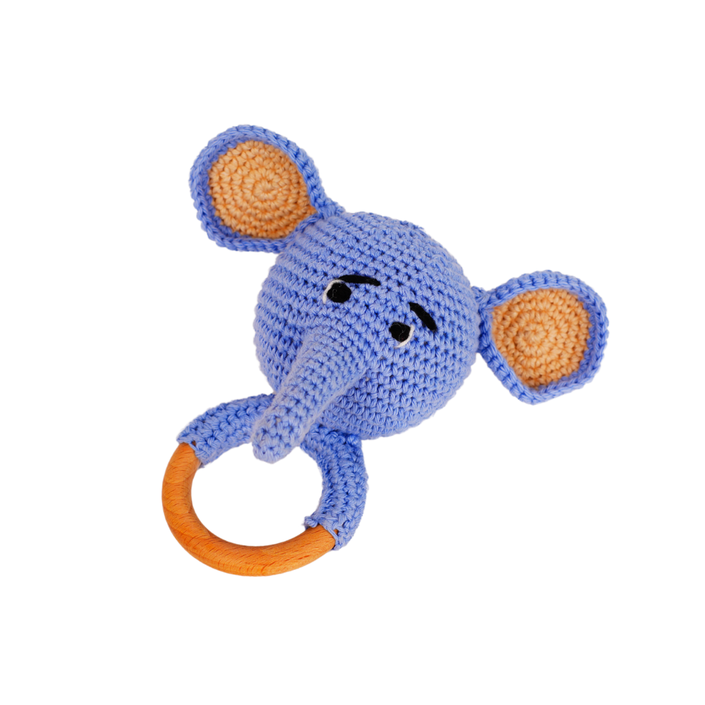 Elephant Face Amigurumi Rattle With Wooden Handle