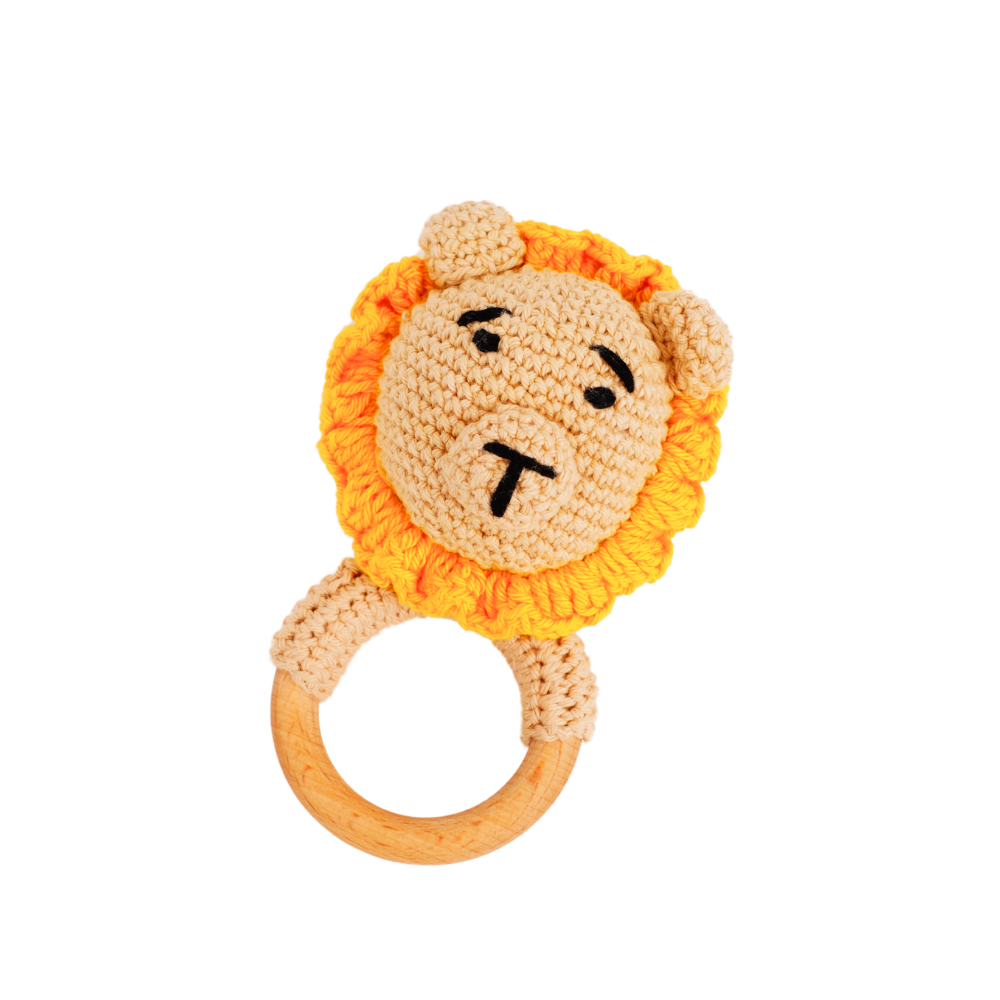 Lion Face Soft Amigurumi Rattle With Circular Wooden Handle