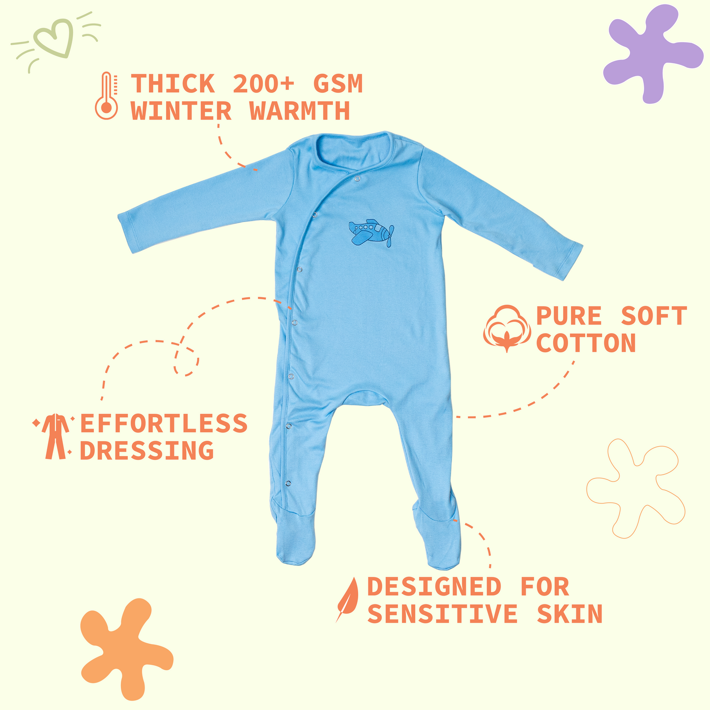 Premium cotton full sleeve Sleepsuit / Romper for boys / girls - Blue - Aeroplane print