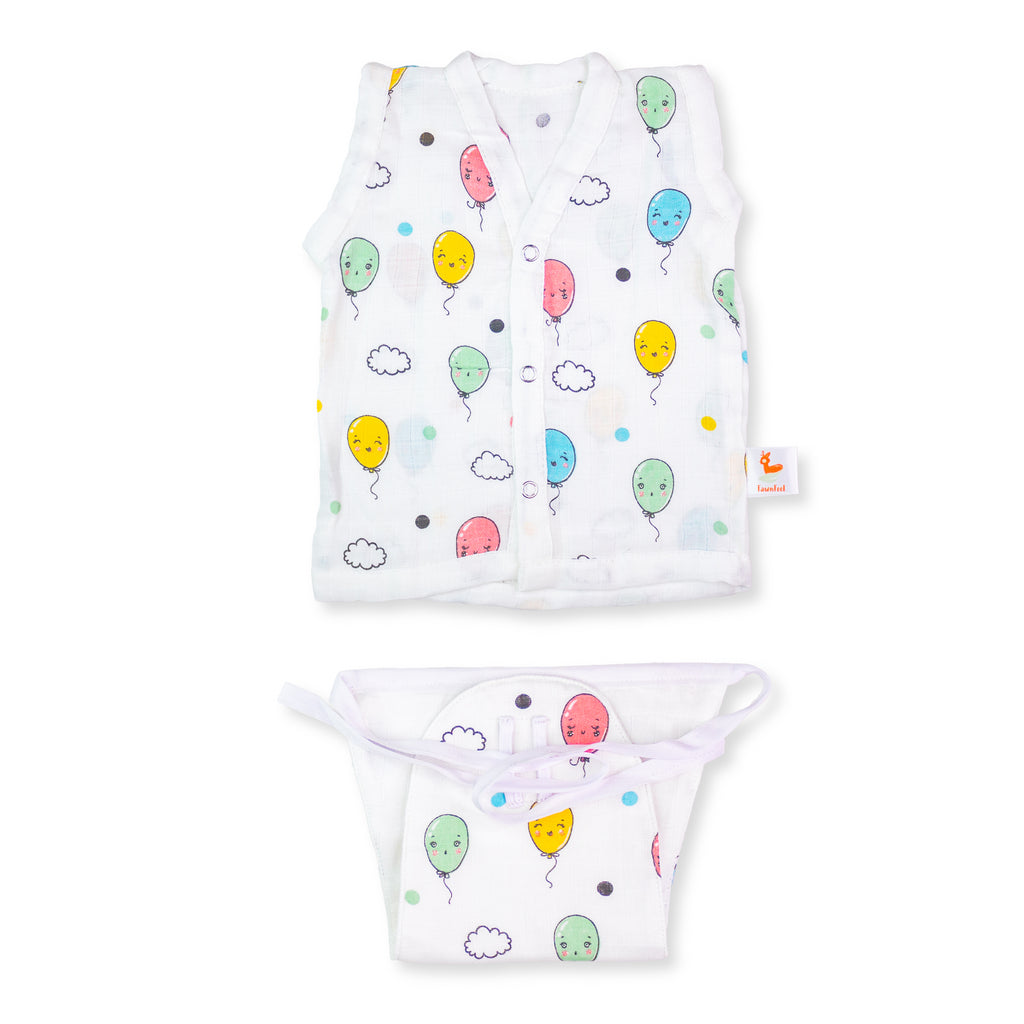 Set of Cat & Moon Print, Rainbow Print & Balloon Print Jhabla & Nappy (Set of 3)