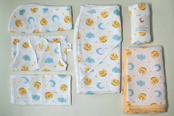 Combination Of Cat And Moon Print Bamboo Swaddle, Hooded Towel, Blankets, Jhabala, Square Wash Cloth, Curved Burp Cloth (Pack of 6)