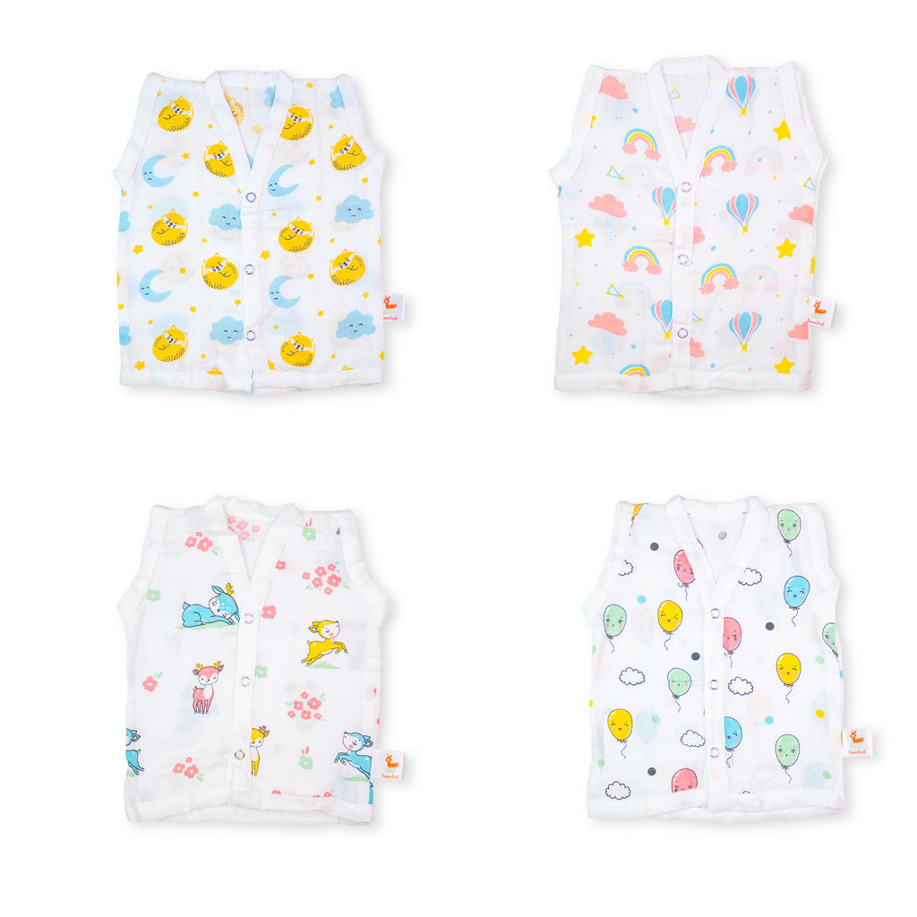 Cat And Moon, Rainbow, Balloon and Fawn print Bamboo Jhablas (Pack of 4)