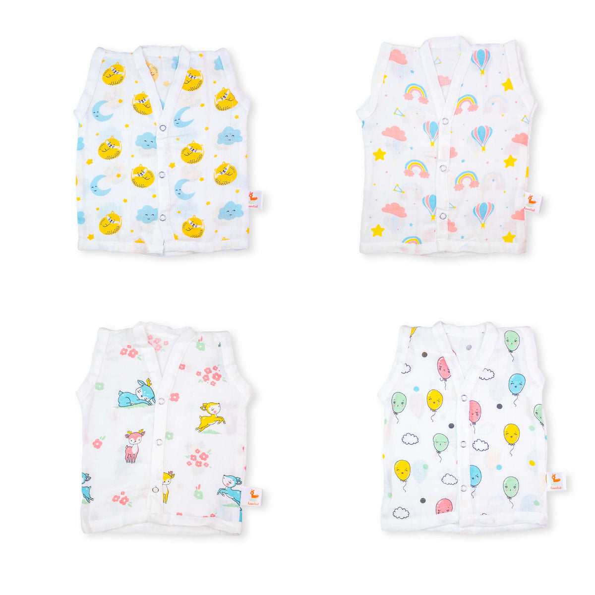 Cat And Moon, Rainbow, Balloon and Fawn print Bamboo Jhabla (Pack of 4)