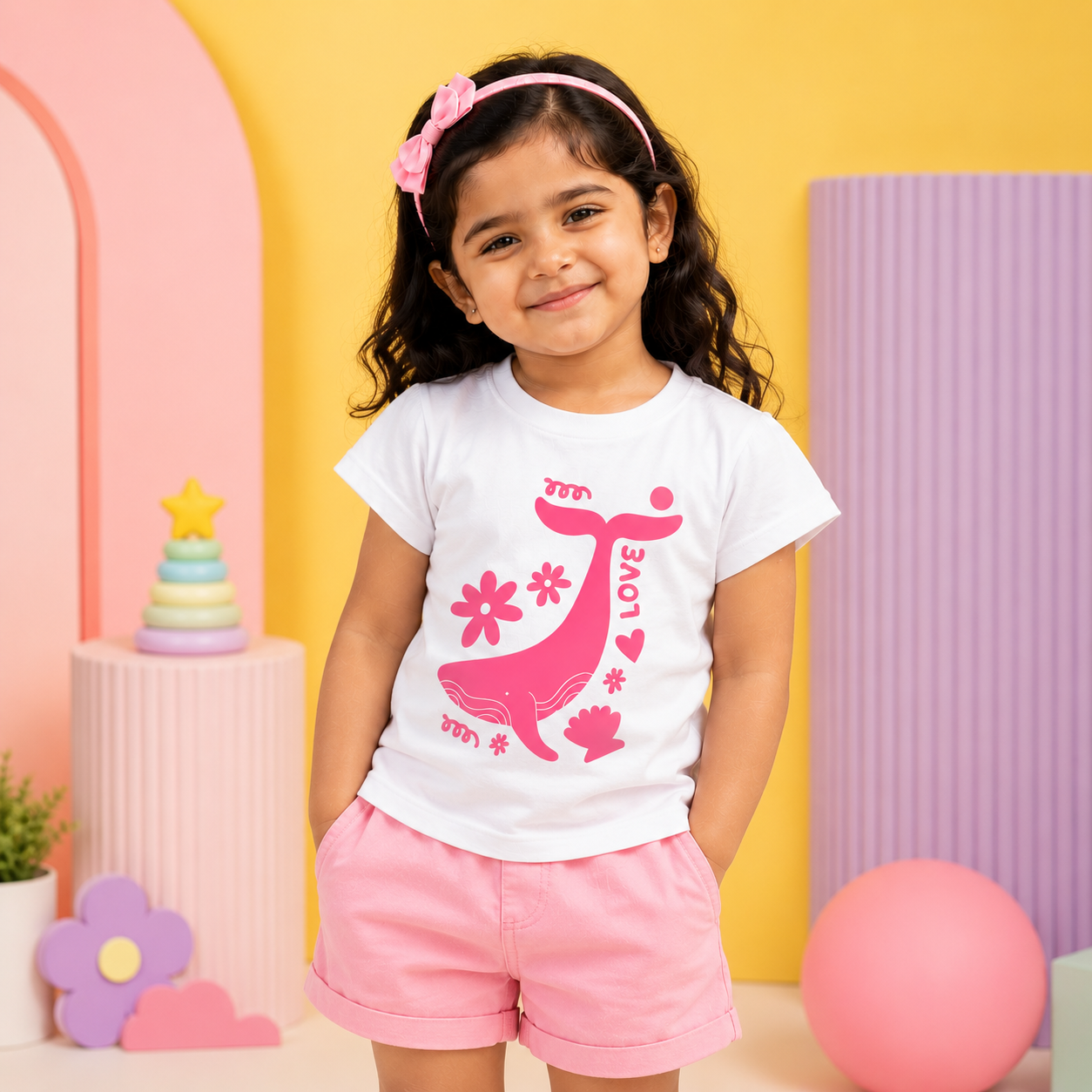 Happy Pink Whale Kids T-Shirt - 100% Cotton