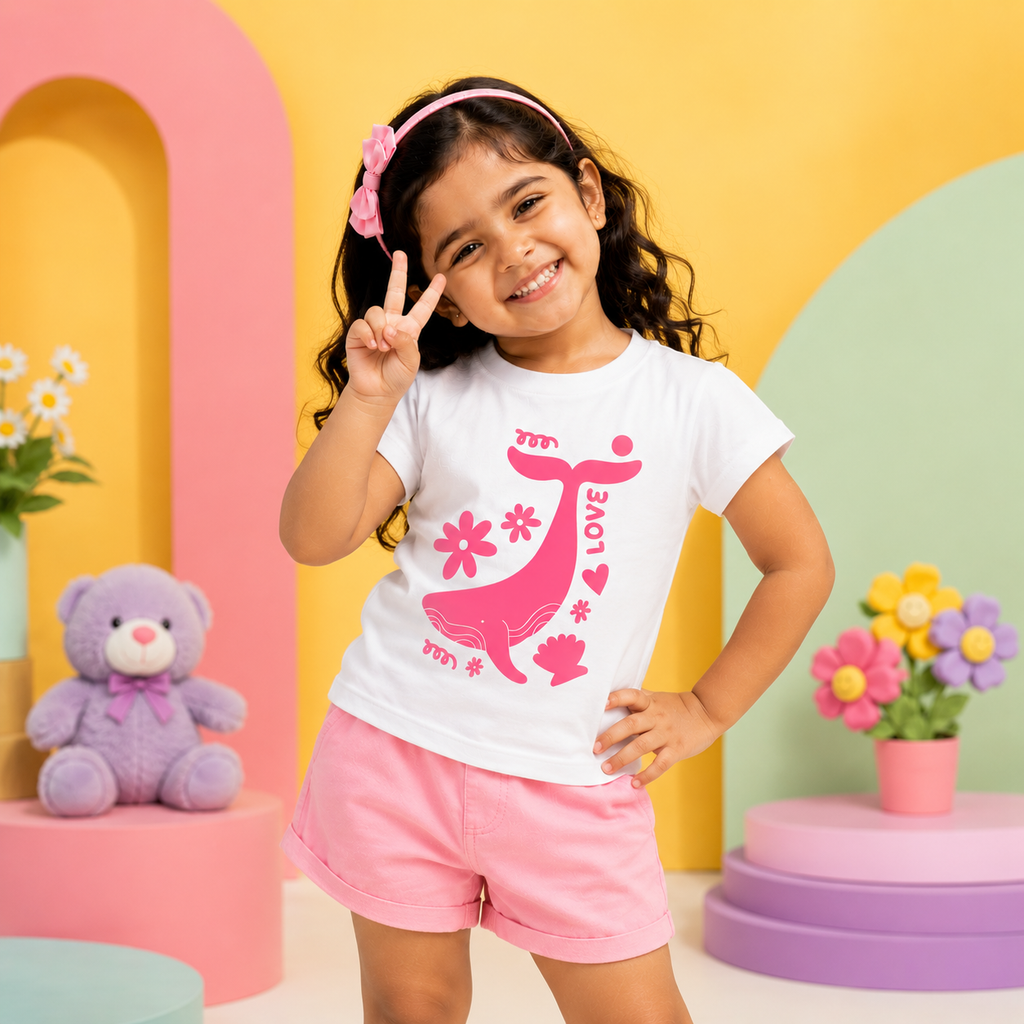 Happy Pink Whale Kids T-Shirt - 100% Cotton