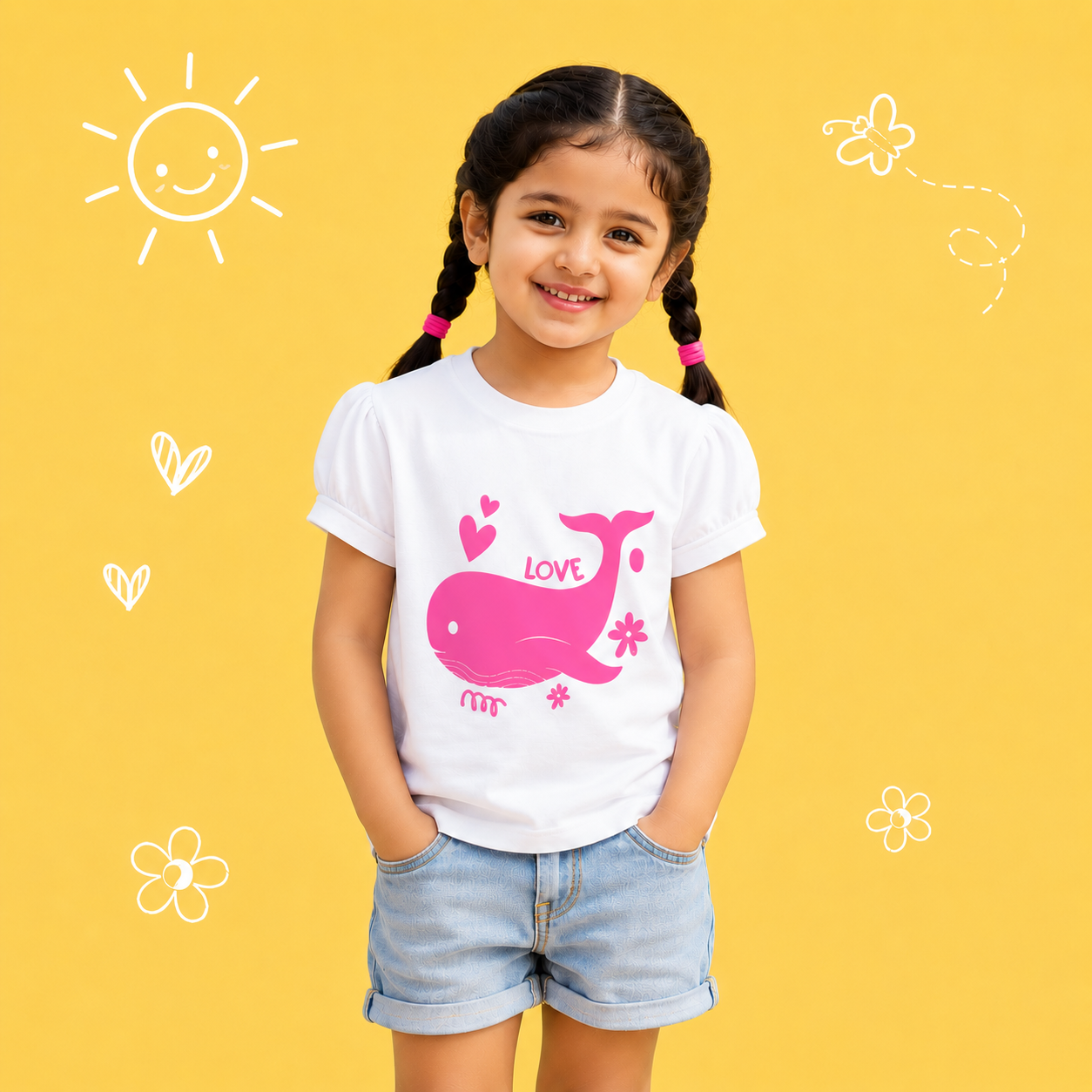 Happy Pink Whale Kids T-Shirt - 100% Cotton