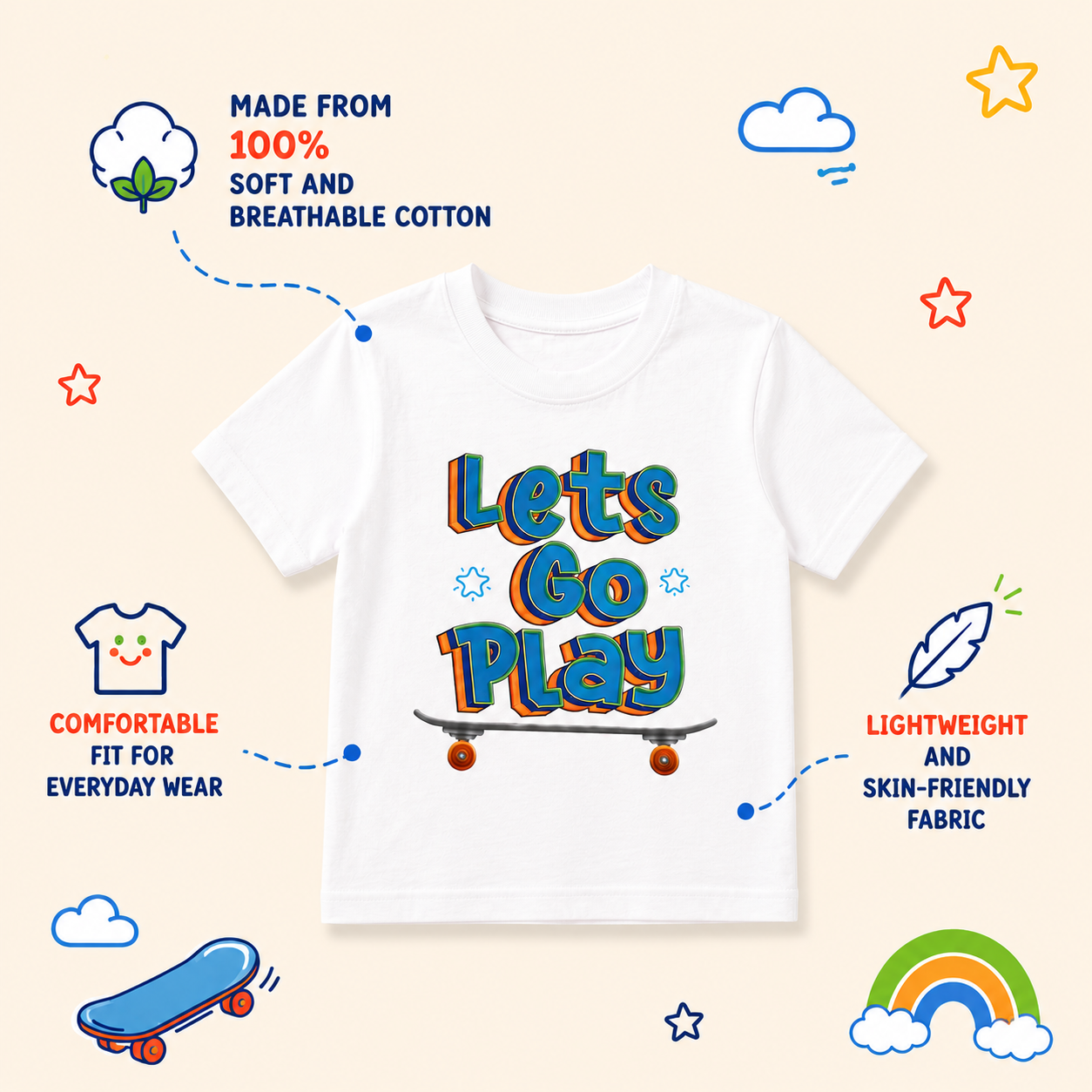 LET’S GO PLAY Kids T-Shirt - 100% Cotton