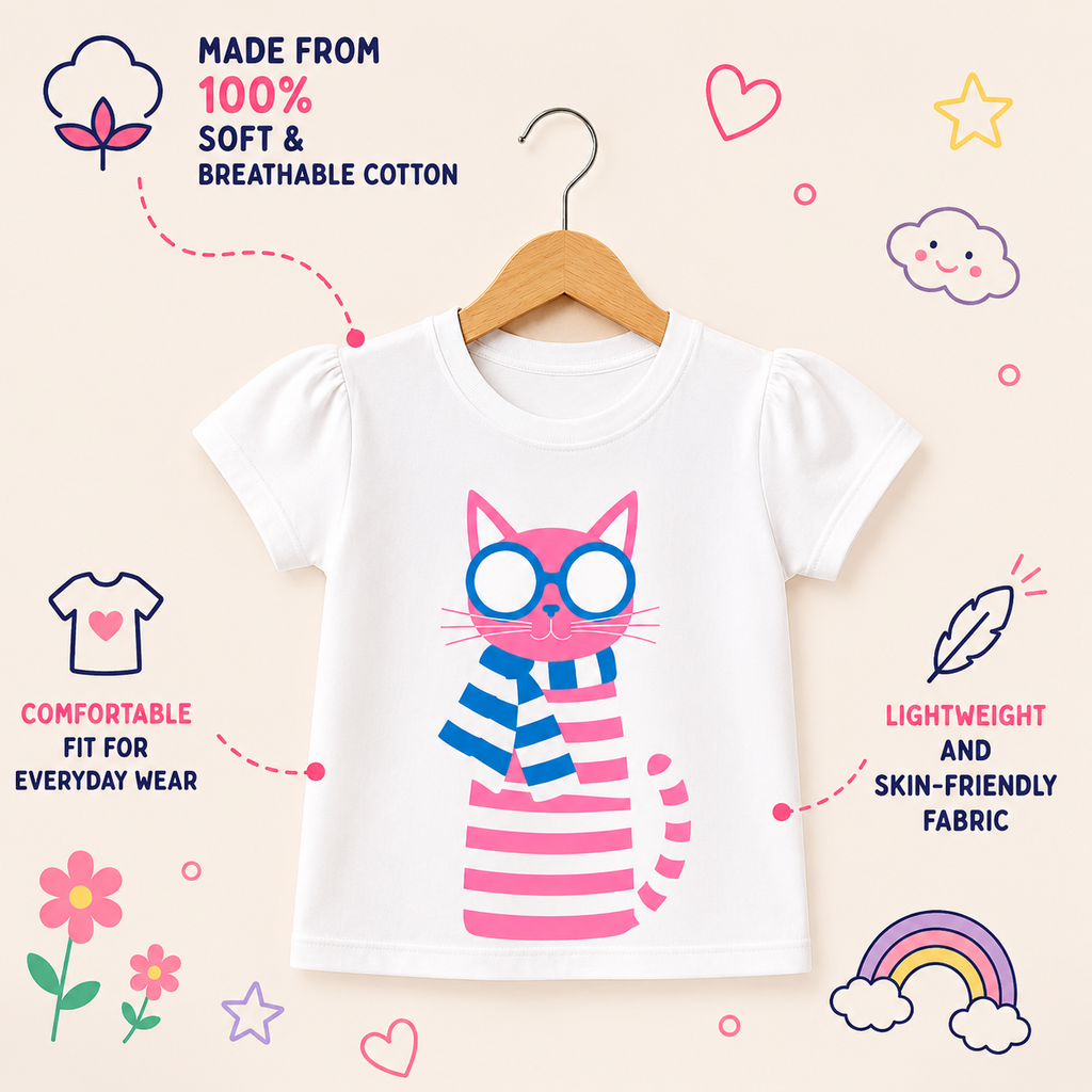 Cozy Cat with Muffler T-Shirt - 100% Cotton