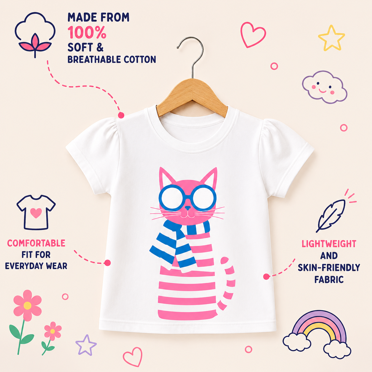 Cozy Cat with Muffler T-Shirt - 100% Cotton