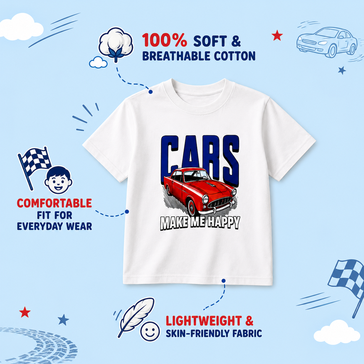 Car Print Kids T-Shirt - 100% Cotton