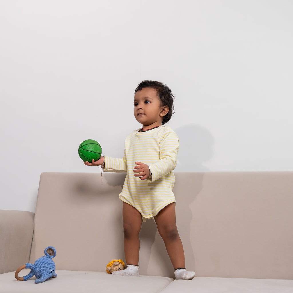 Premium cotton full sleeve Onesie / Bodysuit for boys / girls - Yellow stripes