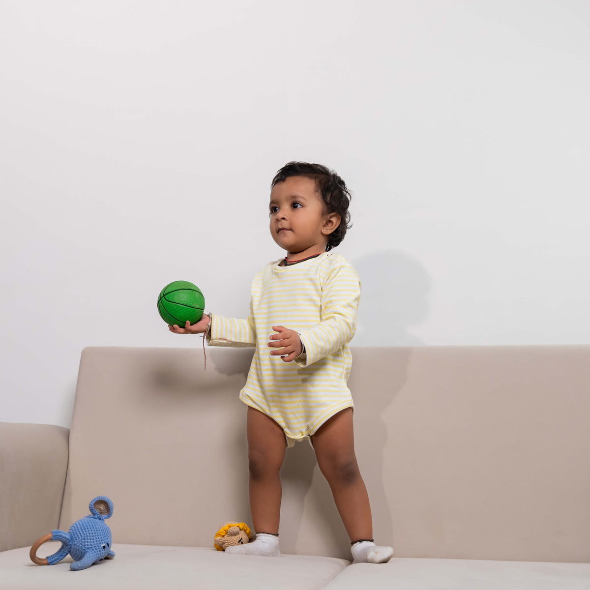 Premium cotton full sleeve Onesie / Bodysuit for boys / girls - Yellow stripes