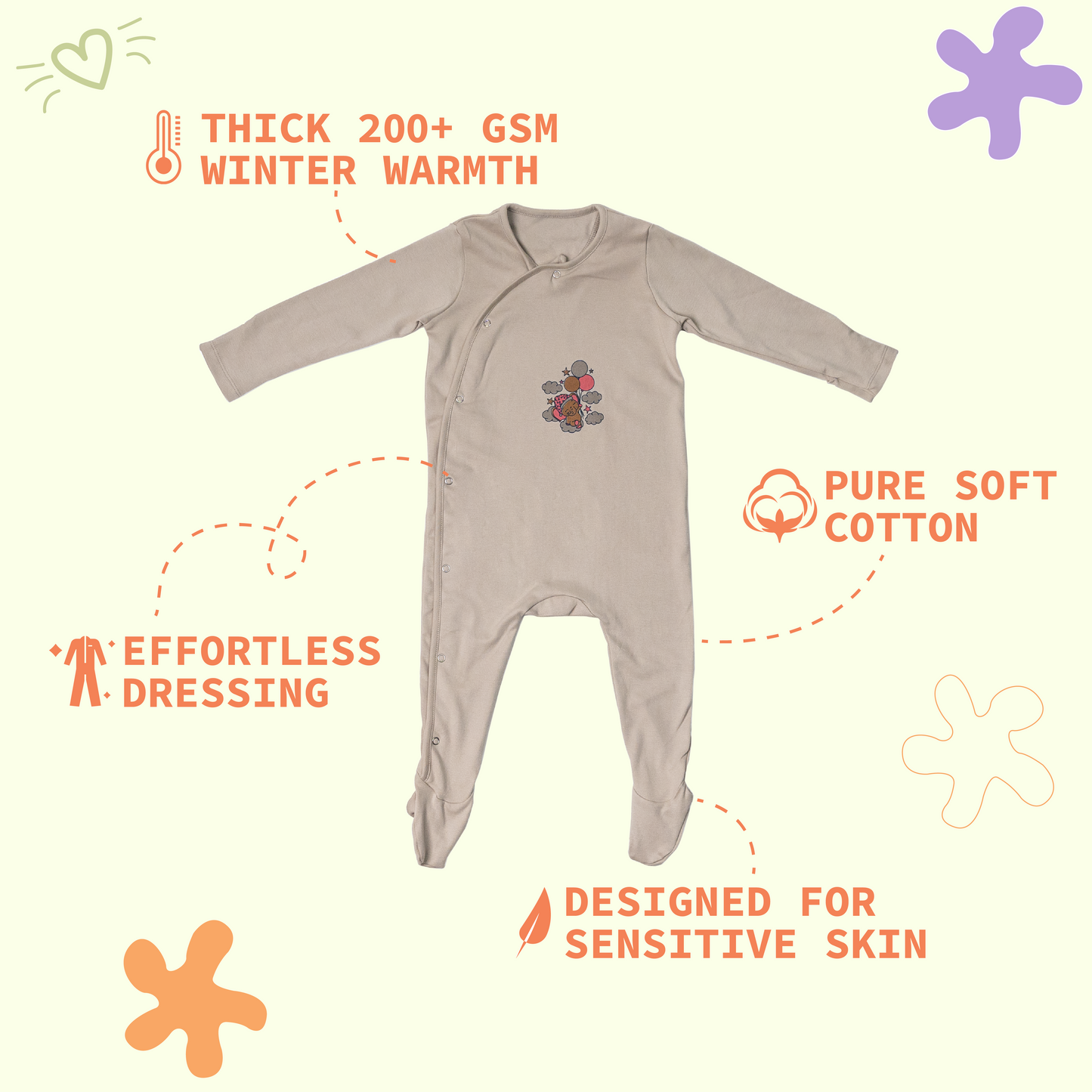 Premium Cotton full sleeve Sleepsuit / Romper for boys / girls - Grey- Elephant print