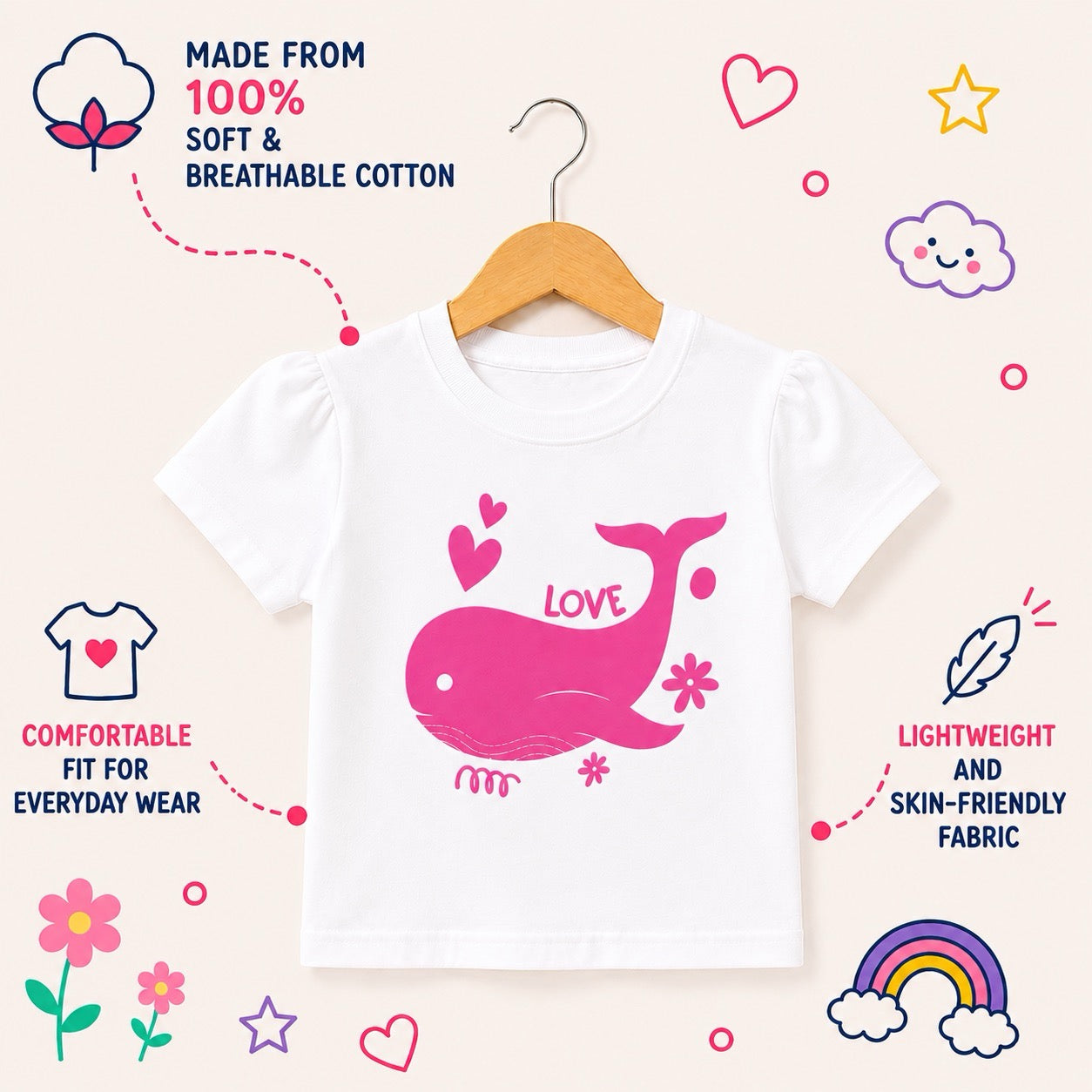 Happy Pink Whale Kids T-Shirt - 100% Cotton
