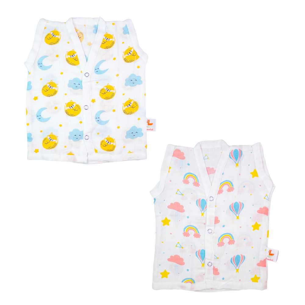 Combination of Cat And Moon Print And Rainbow Print Bamboo Jhabla (Pack of 2)