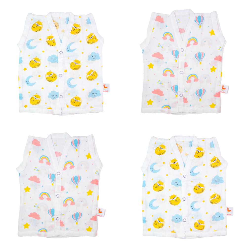 Combination of 2 Cat And Moon Print And 2 Rainbow Print Bamboo Jhabla (Pack of 4)