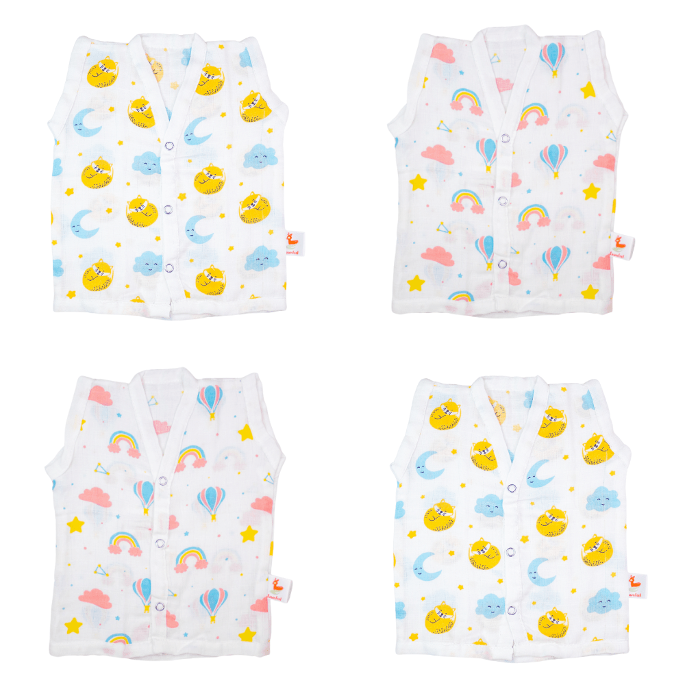 Combination of 2 Cat And Moon Print And 2 Rainbow Print Bamboo Jhabla (Pack of 4)