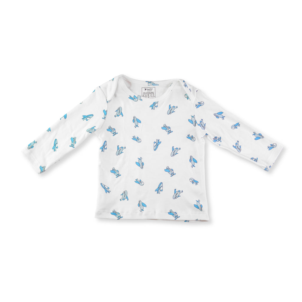 Combination of 3 - T-shirts Blue stripe, Blue solids with Tiger print and all over Aeroplane print