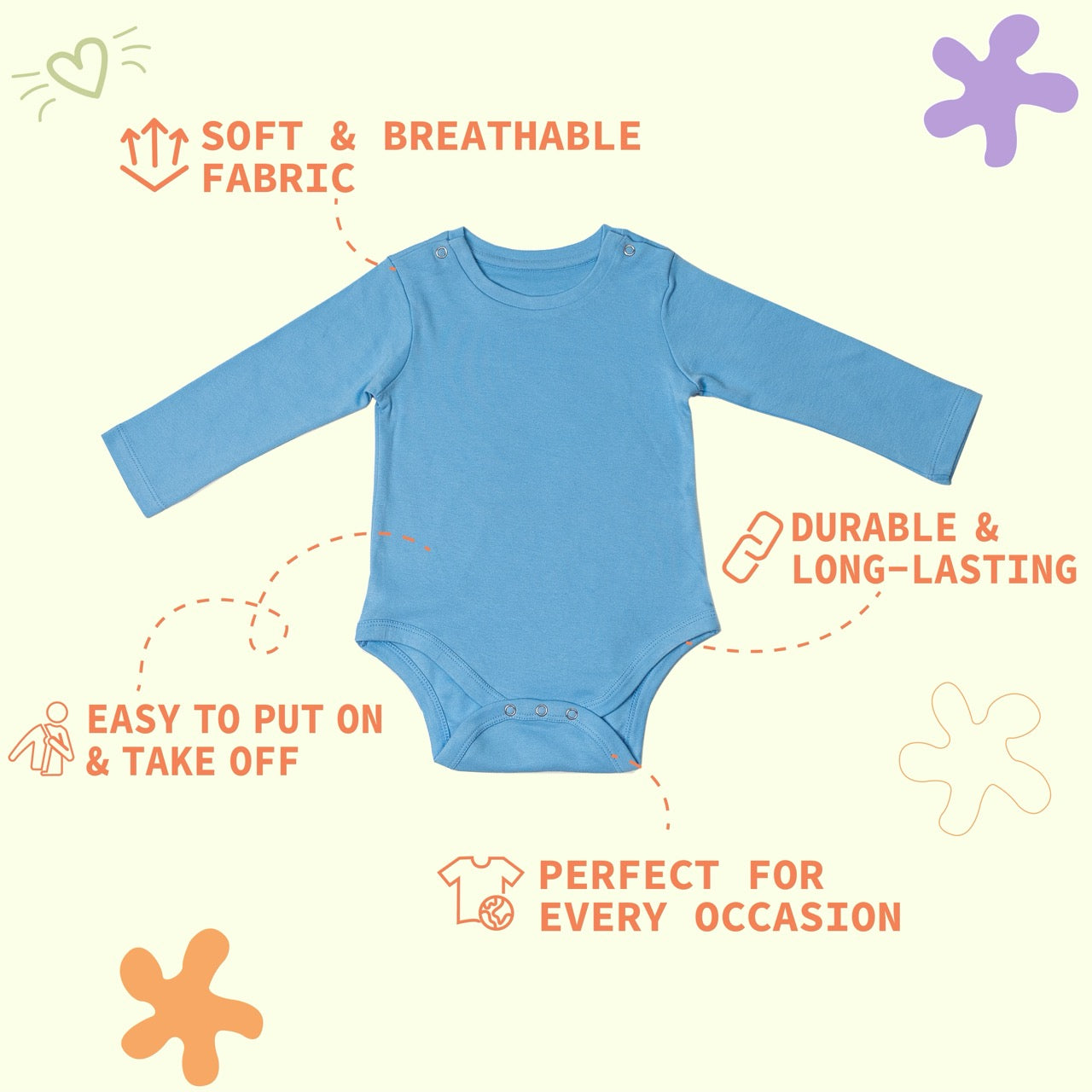 Premium cotton full sleeve Onesie / Bodysuit for boys / girls - Blue solids