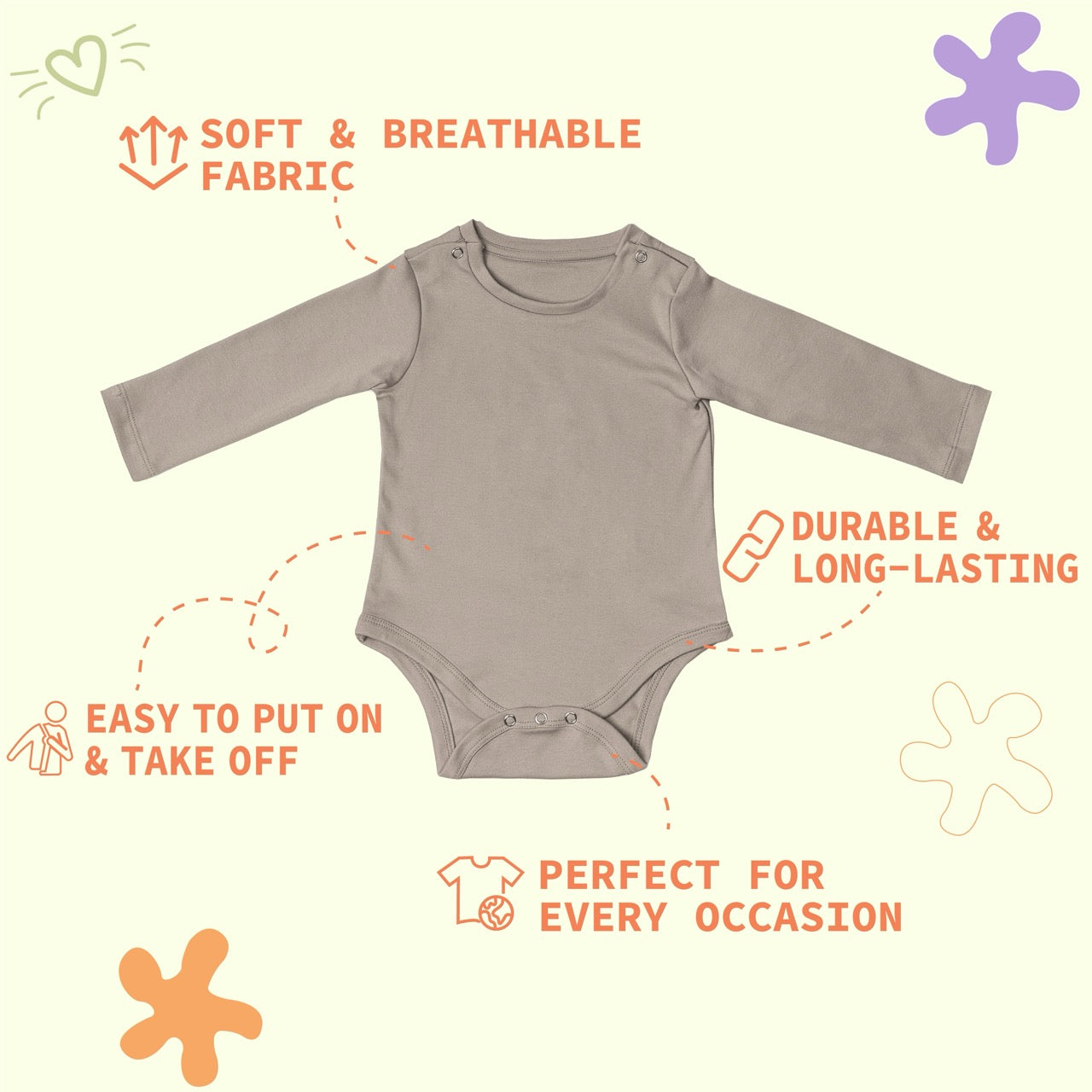 Premium cotton full sleeve Onesie / bodysuit for boys / girls - Grey solids