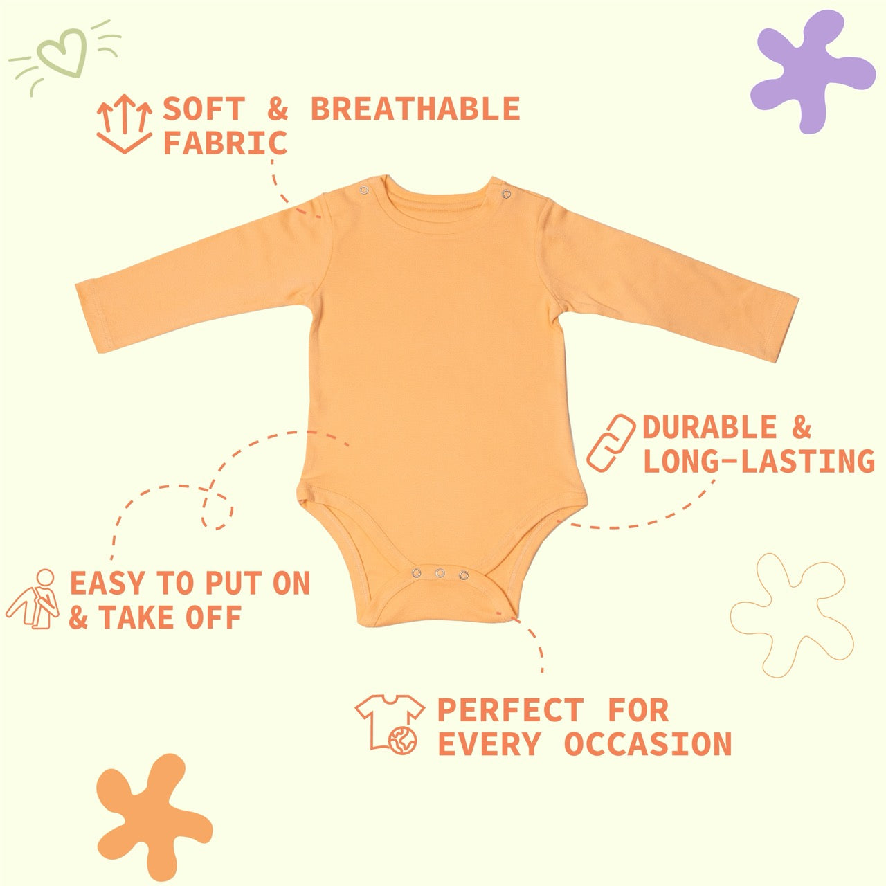 Premium cotton full sleeve Onesie / Bodysuit for boys / girls - Peach solids