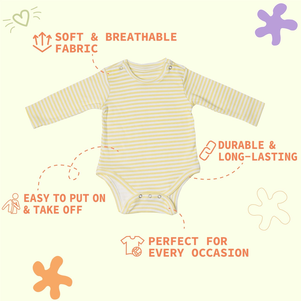 Premium cotton full sleeve Onesie / Bodysuit for boys / girls - Yellow stripes