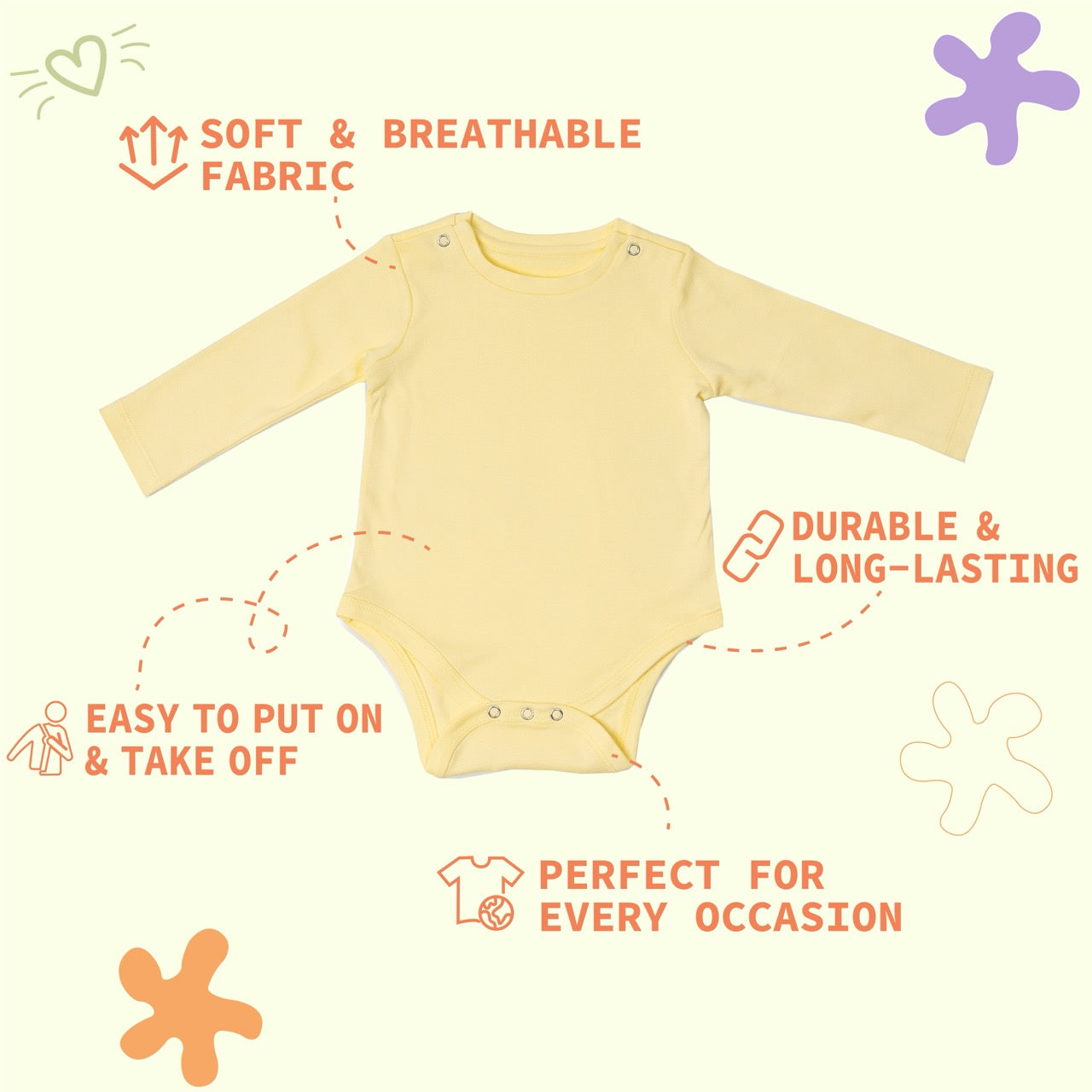 Premium cotton full sleeve Onesie / Bodysuit for boys / girls - Yellow solids