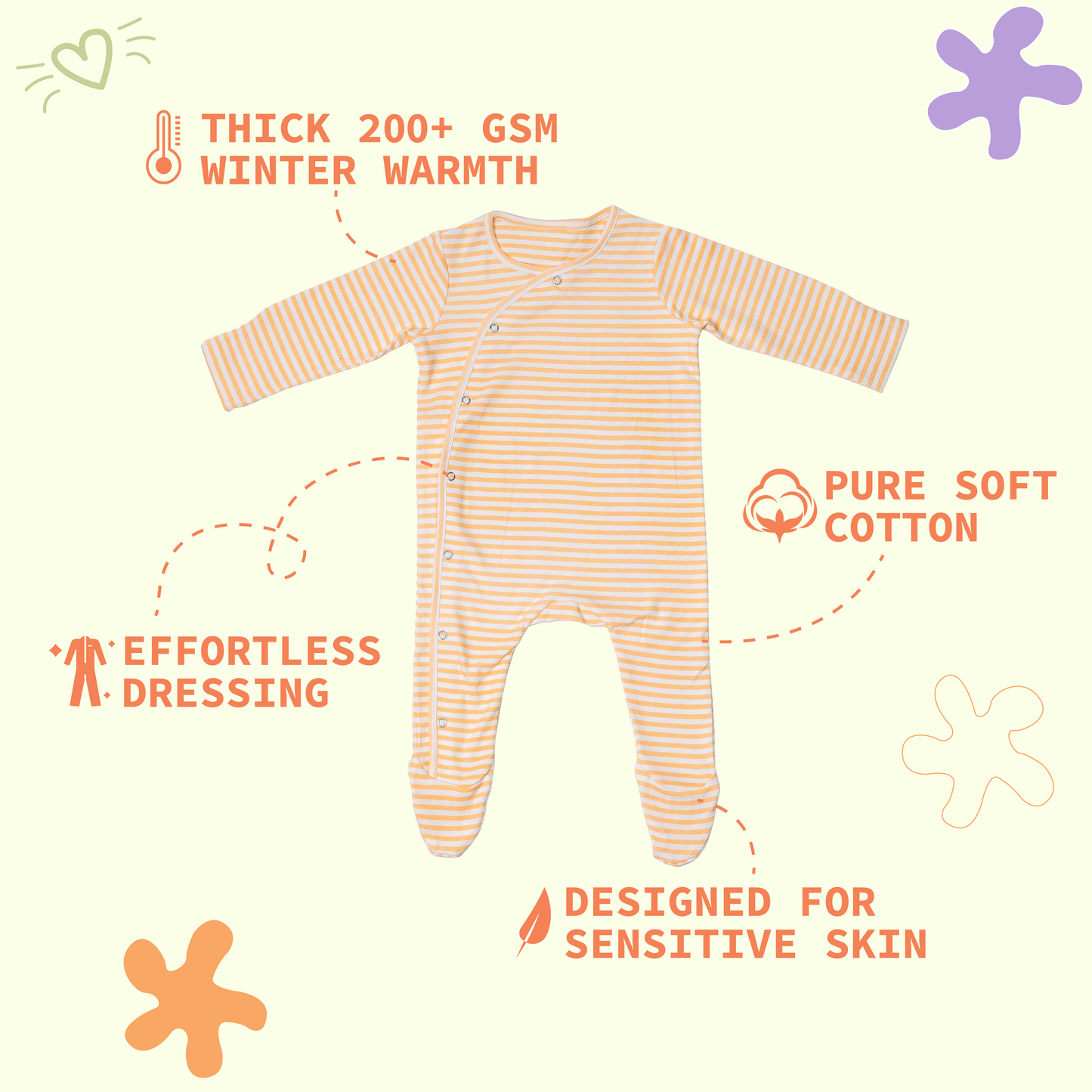 Premium cotton full sleeve Sleepsuit / Romper for boys / girls - Peach stripes