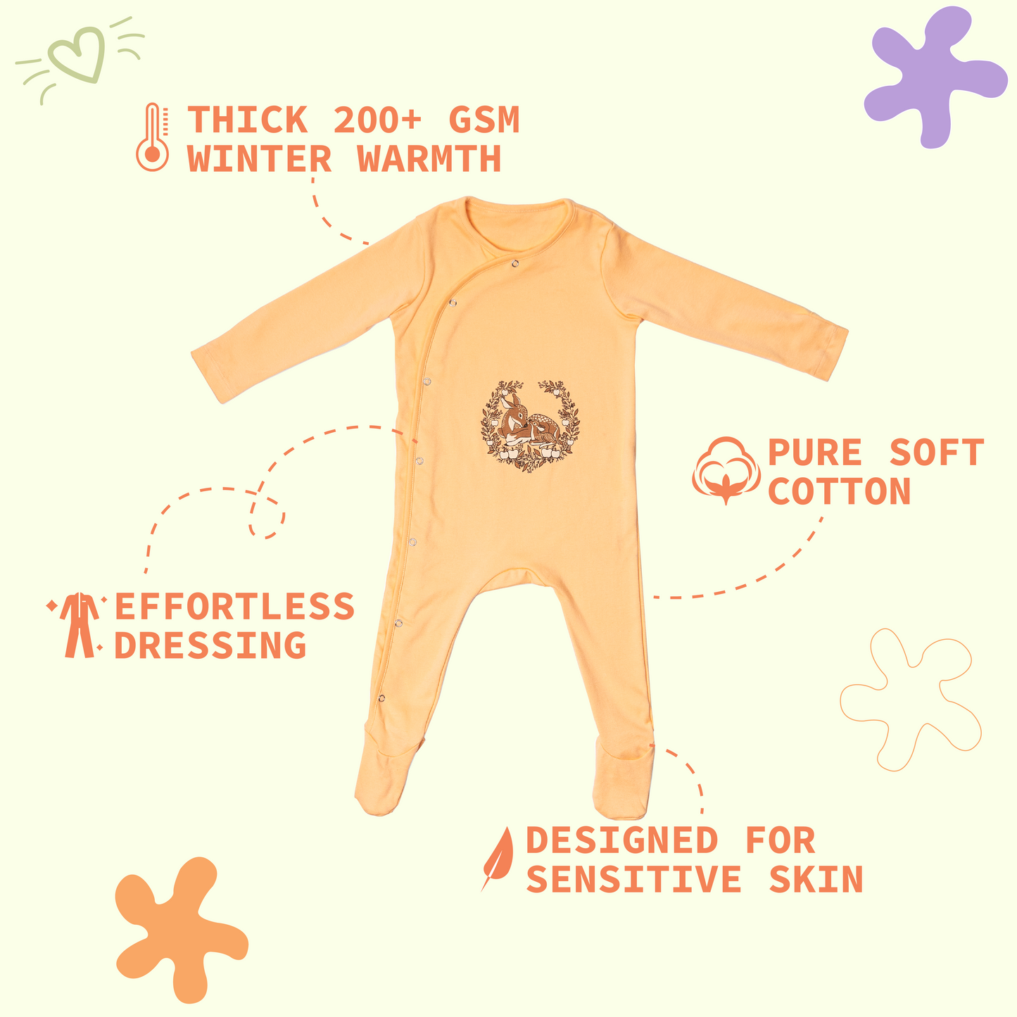 Premium Cotton full sleeve Sleepsuit / Romper for boys / girls - Peach - Deer print