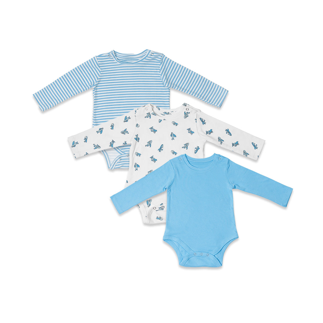 Combination of 3 - Onesies all over Aeroplane print, Blue stripes and Blue solids