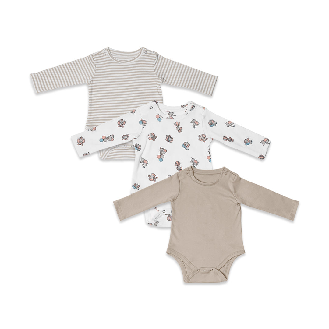 Combination of 3 - Onesies all over Elephant print, Grey stripes and Grey solids