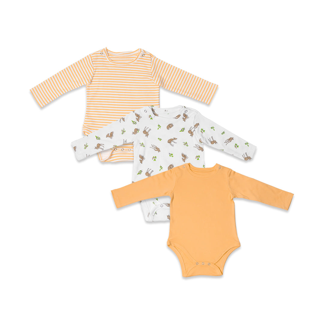 Combination of 3 - Onesies all over Deer print, Peach stripes and Peach solids
