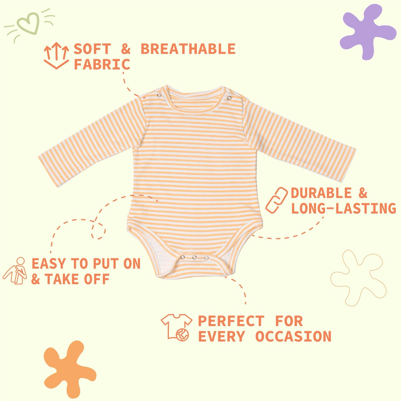 Premium cotton full sleeve Onesie / Bodysuit for boys / girls - Peach stripes