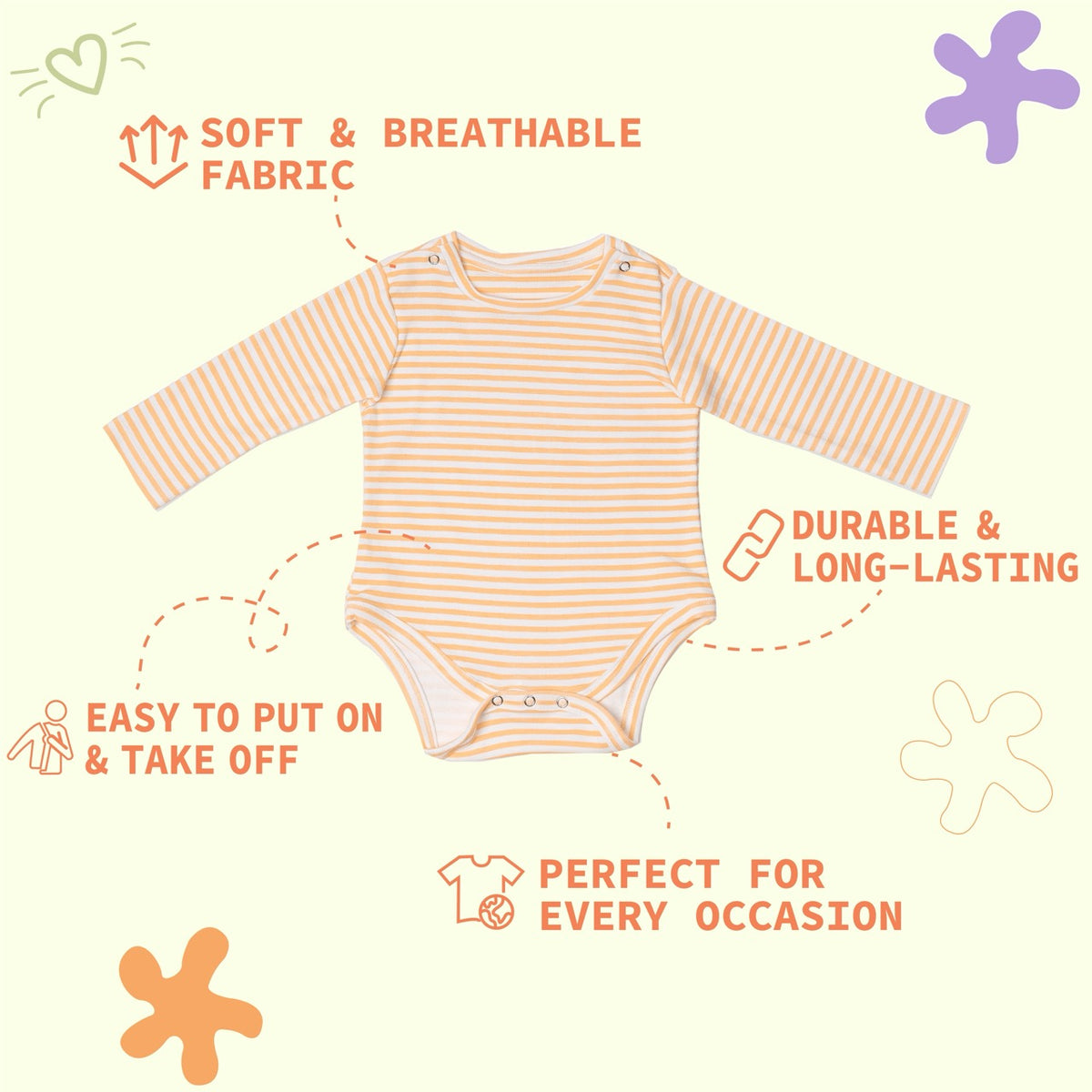 Premium cotton full sleeve Onesie / Bodysuit for boys / girls - Peach stripes