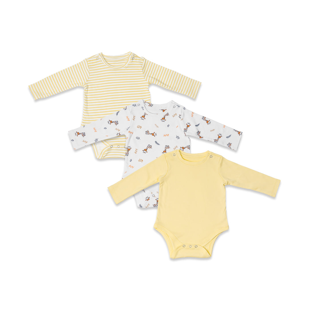 Combination of 3 - Onesies all over Giraffe print, Yellow stripes and Yellow solids