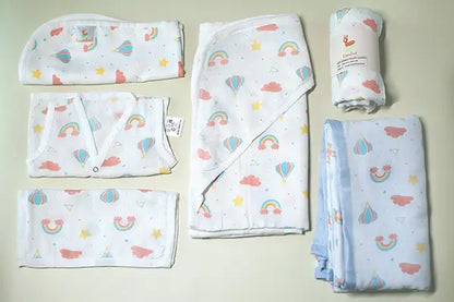 Combination Of Rainbow Print Bamboo Swaddle, Hooded Towel, Blankets, Jhabala, Square Wash Cloth, Curved Burp Cloth (Pack of 6)