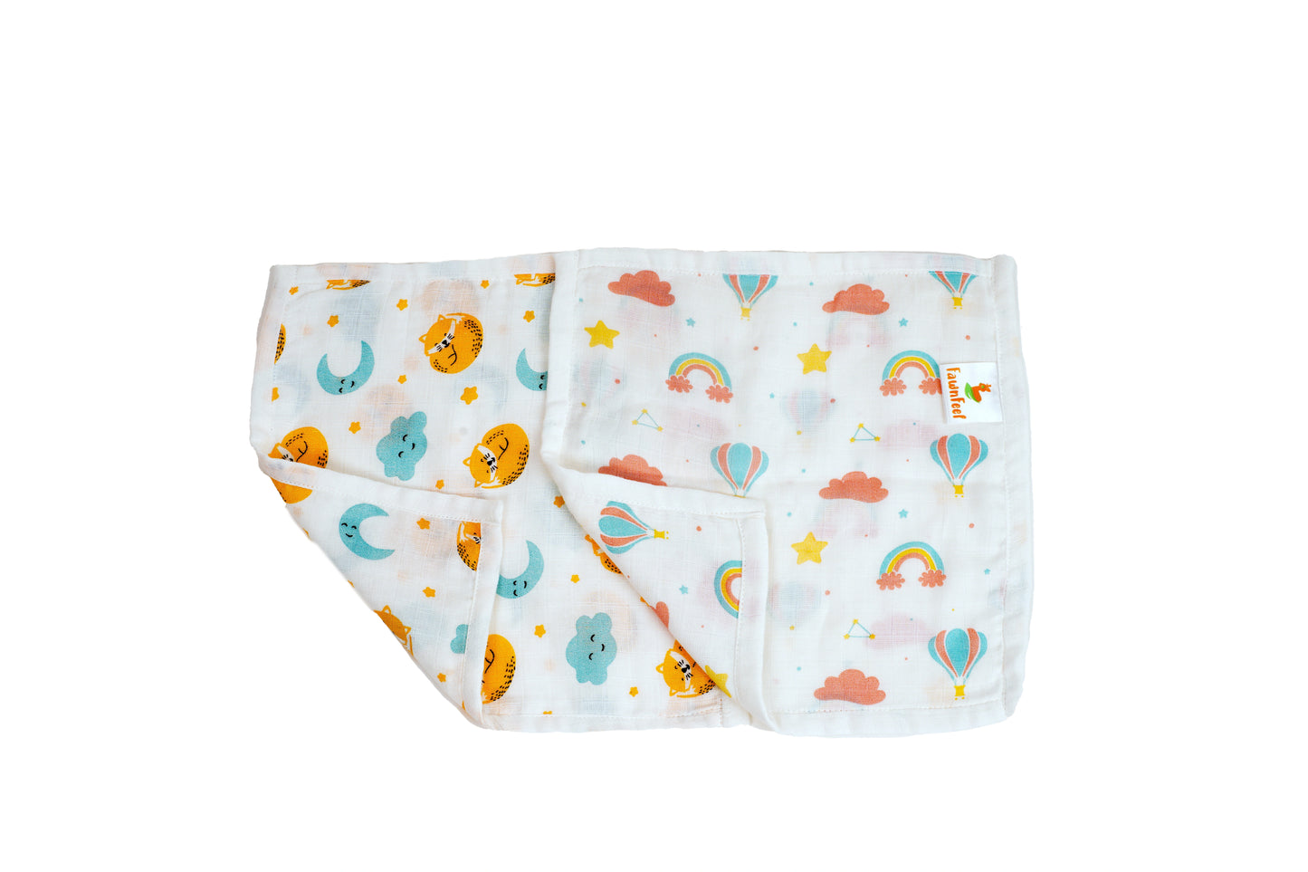 Combination Of Cat And Moon Print And Rainbow Print Square Wash Cloth (Pack of 2)